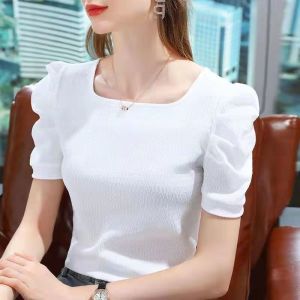 Womens Chiffon Shirt Summer 2024 Bubble Sleeve T-Shirt Design Sensation Small Elegant Cuff Top Fashionable Sleeve Button