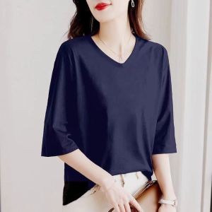Pure Cotton plus Size Printed T-Shirt Womens Casual V-Neck Three Quarter Sleeve Top Comfortable Loose Fit Commute Style