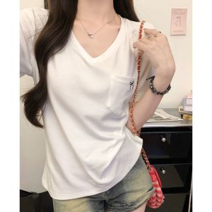 Áo Thun Tay Ngắn Modal Cotton Phong Cách Hàn Quốc Đơn Giản Sang Trọng Dành Cho Nữ Hở Xương Cổ Chữ V Cao Cấp Mùa Hè
