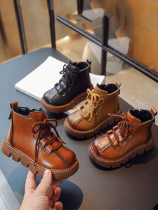 Childrens Fleece Lined Martin Boots Waterproof Warm Low Cut Anti Slip Leather Booties for Boys And Girls British Style Autumn Winter New Fashion