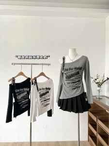 Slim Fit Short Sleeve T-Shirt Womens Casual Style Letter Print Asymmetrical Hem Shoulder Baring Top for Autumn 2025