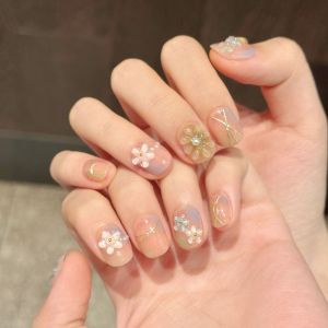 10pcs Smudging Short Oval False Nail Tips Handmade Sweet Relief Colorful Flower Press On Nails Korean Style Wearable Fake Nail