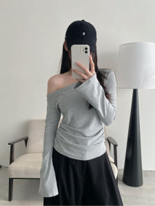 Blue Long Sleeve Asymmetrical Shoulder T-Shirt Womens Spring Summer Slim Fit Base Layer Shirt Casual Style Pure Color Top