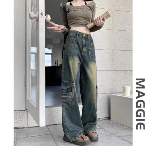 American Retro Workwear Jeans High Waist Straight Leg Womens Hip Hop Wide Leg Long Trousers Fashionable Casual Denim Pants