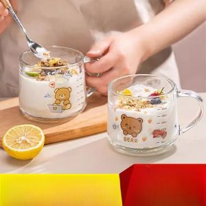 TEKANAI | Aesthetic Breakfast Milk Cup Print Measure Glass Cup Lid Spoon