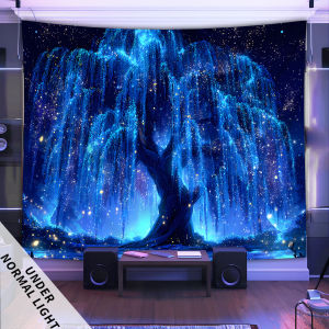 VIKAMA Starry Sky Weeping Willow Tapestry Blue Night Willow Branches and Stars Living Room Bedroom Decor Dreamlike Wall Decor