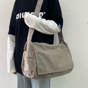 กระเป๋าผ้าใบทรงสี่เหลี่ยมแบนแบบลำลองสำหรับใส่หนังสือเข้าชั้นเรียน กระเป๋าสะพายข้างผ้าใบญี่ปุ่น กระเป๋าสะพายข้างแบบห้อยข้างเดียว กระเป๋าถือแบบอเนกประสงค์