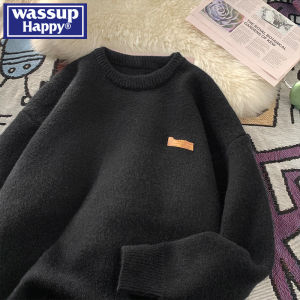 Wassup Happy round Neck Knitwear Loose Fit Mens Base Layer Shirt Youth Trendy Brand Inner Wear Casual Long Sleeve Winter Sweater