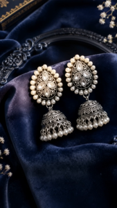 [SG] Pearl Oxidised Silver Jhumka Earrings | Traditional Indian Drop Earrings | Crystal & Pearl Ethnic Earrings | Festive Statement Jewellery | ear me out (EMO-177)
