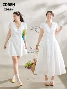 ZHANGDAREN | Đầm Dây Slimming V-neck Ren Trắng Plus Size
