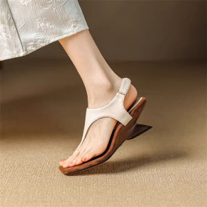 Womens Roman Style Sandals Soft Leather Strap High Heels Summer Outdoor Wear T-Strap Ankle Strap Flat Heel Comfortable