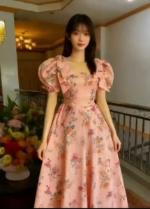 Qiqi Puff Sleeves Square-necked Princess Dress Double-layer Bowknot Floral Print Maxi Dress 2342