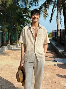 OUMULONG | Vintage Style Linen Look Shirt Set With Wide Leg Pants