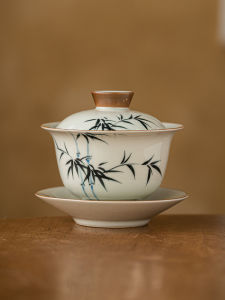 Painted Grass and Wood Gray Hand Painted Bamboo Sancai Gaiwan Tea Cup Single Tea Making Kung Fu Teaware Tea Bowl Chinese For Home