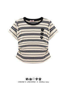 Cream Universe Flocking Heart Letter Stripes Shoulder Short Sleeve T-shirt Female Japanese Style Short Knitting Tops New Arrival