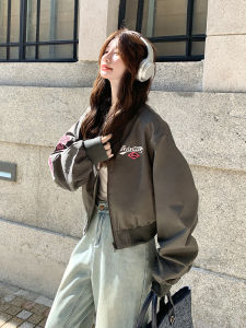 Gray Letter Baseball Jacket Womens Autumn New American Retro Cool Design Anti-Aging Short Coat Ladies Fashion Polyester