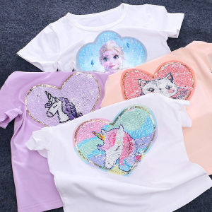 Girls Cotton T-Shirt Changeable Color Sequin Short Sleeve Long Sleeve Spring Summer Style Childrens Clothing Baby Fashionable Cartoon Top