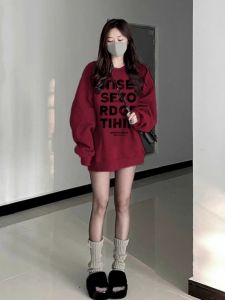 plus Size American Style Fleece Lined Thickened Hoodie Womens Clothing Red Color Spring Autumn Winter Seasonal Wear Casual Street Style round Neck Long Sleeve