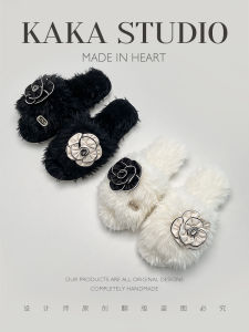 Dép Bông Dài Họa Tiết Hoa Trà Đen Trắng Thanh Lịch Cho Nữ Mùa Thu Đông Dép Đi Trong Nhà Đế PVC