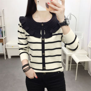 เสื้อสเวตเตอร์ถักลายทางแขนยาวหลวมๆ คอโปโล แฟชั่นฤดูใบไม้ร่วง สำหรับผู้หญิง เสื้อชั้นใน เสื้อผ้าทำงาน เสื้อผ้าทำงาน