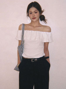 BINKAFENNY | Stylish White One-Shoulder Short-Sleeve Shirt Womens Summer Design Slimming Personality Shoulder Exposure Unique Beautiful Top