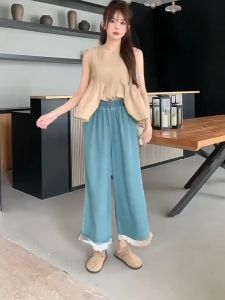 Women’s Lace Trim Loose Blue Long Pants Casual Straight-Leg Pants with Elastic Waistband