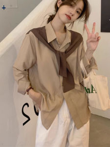 plus Size Retro Hong Kong Style Shoulder Length Sleeve Womens Shirt Autumn Loose Chic Fake Two-Piece Top Korean Style