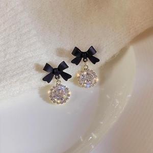 Trendy Black Butterfly Knot Water Diamond Earrings for Women 2024 New Style Luxury Sensation Fashionable Jewelry Hoops