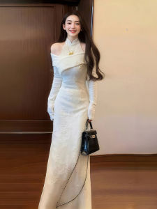 New Chinese Style Elegantly Modified Cheongsam Knitted Long Dress Womens Fashion Shoulder Bared Waist Inward Spring Autumn New Model