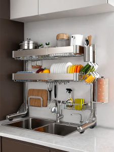 Thickened 304 Stainless Steel Kitchen Sink Countertop Storage Rack Dish Plate Bowl Storage Holder Filter Rack Kitchen Organizer