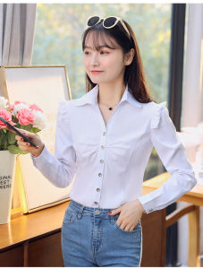 CS16 white shirt womens long sleeved professional V-neck workwear loose fitting work shirt