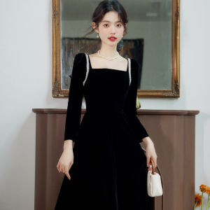 Elegant Long Velvet Dress Womens Autumn Winter French Hepburn Style First Love Chic Black Evening Gown High Waist A-Line Skirt
