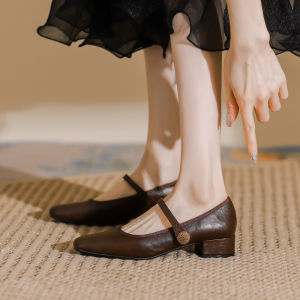 Mary Jane Flat Heel Shoes Womens Spring Autumn New Style Faux Vintage Square Head Leather Slip-On Casual Fashion Shoes