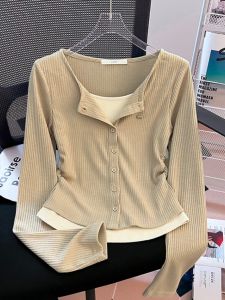 Unique Short Sleeveless T-Shirt Womens Early Autumn 2024 New Design Slim Fit Long Sleeve Top Korean Style Knitted Pure Color