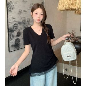 AIYITI | Lace Hem V-Neck Oversized Design T-Shirt