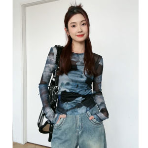American Dyed Mesh Sun Protection Shirt Summer Slim Thin Long Sleeve T-Shirt Women Fashionable Ice Silk Top round Neck Regular Sleeve