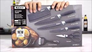 🔰 Gift Box Kitchen Super Sharp Knife set 6 pieces wave pattern Exquisite Knives Set with Scissors & Chopper (SHM513)