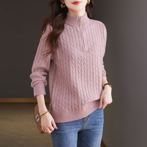 Red Zodiac Year High Collar Zipper Knitted Long Sleeve Sweater Womens Autumn Winter Loose Inner Wear Top Warm Thermal Base Shirt