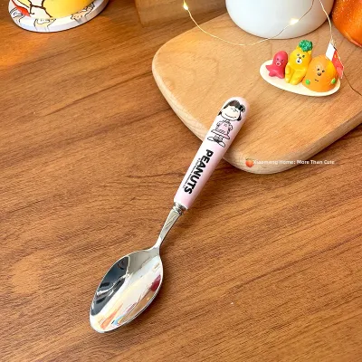 Snoopy Stainless Steel Spoon Ceramic Handle Soup Spoon Fork Rice Childrens Tableware Fruit Fork Cartoon Style Dining Utensils