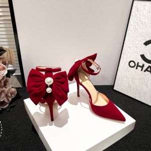 2025 New Red Bow Knot High Heels Womens Chinese Style Wedding Shoes Comfortable Footless Wine Offering Ceremony Shoes