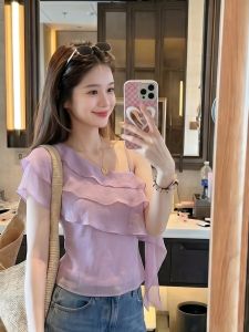PAIBOLI | Stylish Whitening Elegant Slim Fit Tank Top Large Size French Design Shoulder Ruffle Sleeveless Shirt