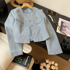 Elegant Blue Denim Short Coat Womens Spring Autumn 2025 New High-End round Neck Small Size Fashion Top Button Pocket Detail