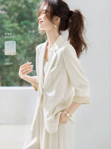 MOHANYIMEI | Light Commuting Linen Color-Contrast Cuff Notch Collar Summer Jacket