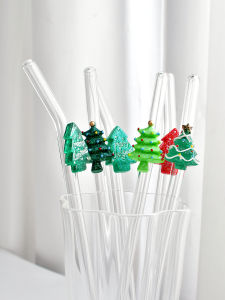 1/6PCS Christmas Tree Glass Straws for boba tea & cocktails. Trendy holiday drinkware for parties. Perfect gift for adults.