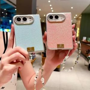 EOENKK | Luxury PU Leather Phone Case For iPhone Duo 18 duo Fold Shockproof Foldable Metal Nameplate Hard Cover with Lanyard Women Case
