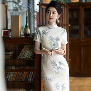 Elegant New Chinese Style Cheongsam Young Girl High End Atmosphere Watercolor Retro Improved Dress Artistic Long Qipao Dress