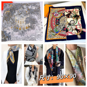 American Retro Scarf 90*90 Large Versatile Trendy Girl Tube Top Silk Scarf Match All H Family Shirt High-End Feeling Shawl
