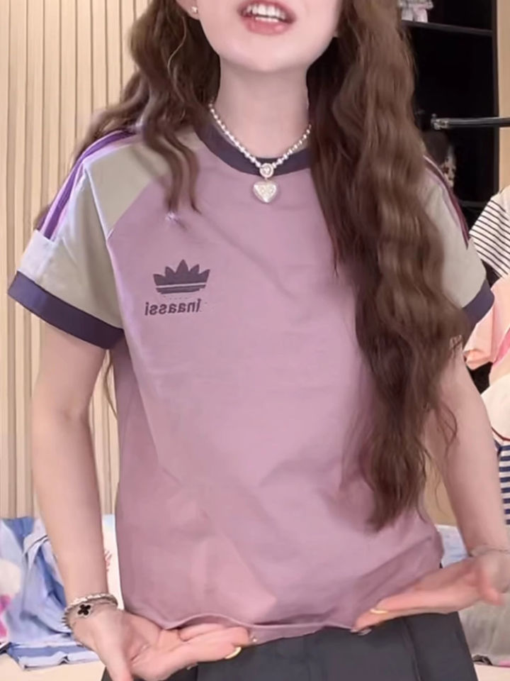 Heavy Embroidery Short Sleeve T-Shirt Pure Cotton Korean Style Casual Fashionable Summer New Ladies Top Letter Color Block