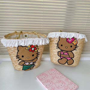 2024 New Arrival Summer Vacation Black Leather KT Womens Large Capacity Kitty Hand-Woven Satchel Vegetable Basket Shoulder Bag