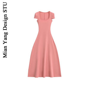 Cotton Ocean Retro Square Collar Short Sleeve Slim Fit Long Solid Color Dress Padded Shoulder Temperament High Waist Goddess Dress Tea Break Dress